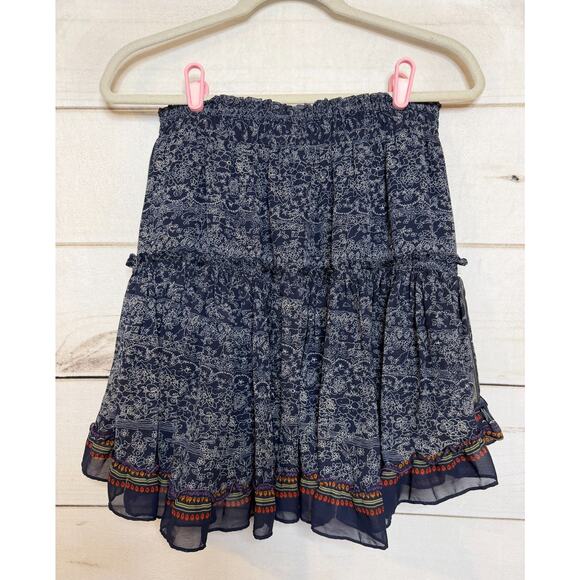 Misa Los Angeles Sz LG Ruffled Tier Mini Skirt Boho Chic Navy Blue White Floral - Picture 2 of 6